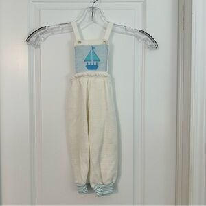 Baby Vintage Cream and Blue Sailboat Overalls 18mos